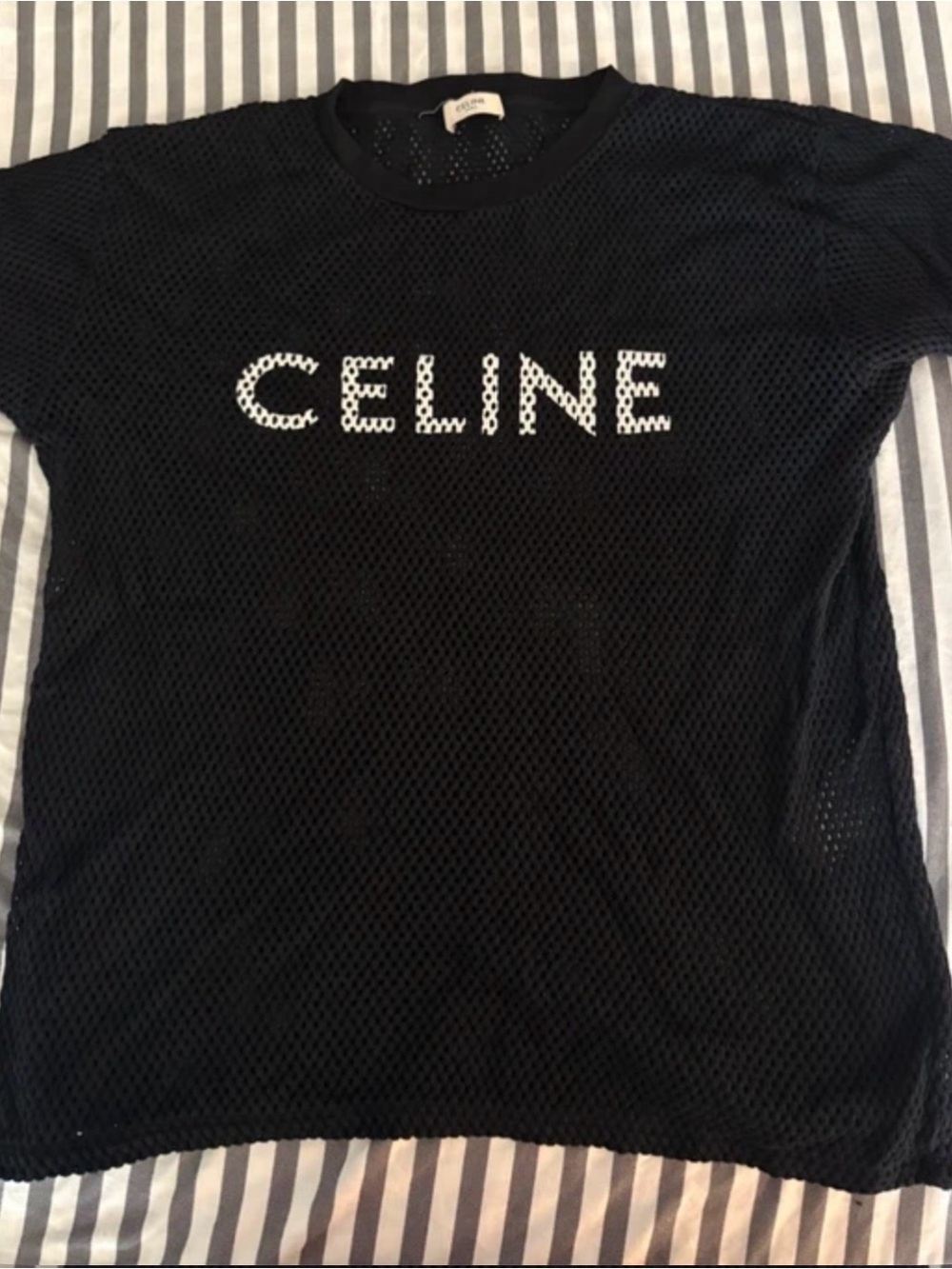 Celine Black Mesh Logo Tee with White Lettering